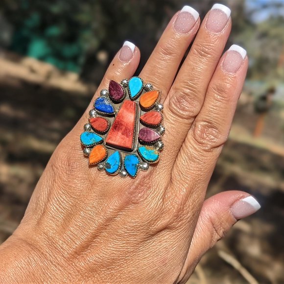 SouthWestArtisans Jewelry - Navajo Sterling Silver Ring w Turquoise Spiny Oyster Cluster stones sz 6.5